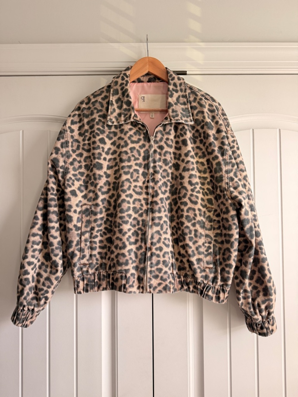 Anthropologie Leopard Print Denim Bomber Jacket